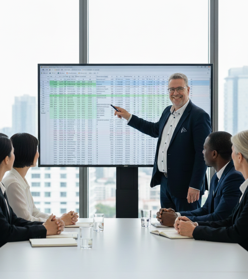 IT-kustannusanalyysi, Mike esittelee säästöjä johtoryhmälle.