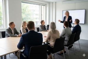 Muutosjohtaminen -Uusi johtaja tiimin kanssa palaverissa